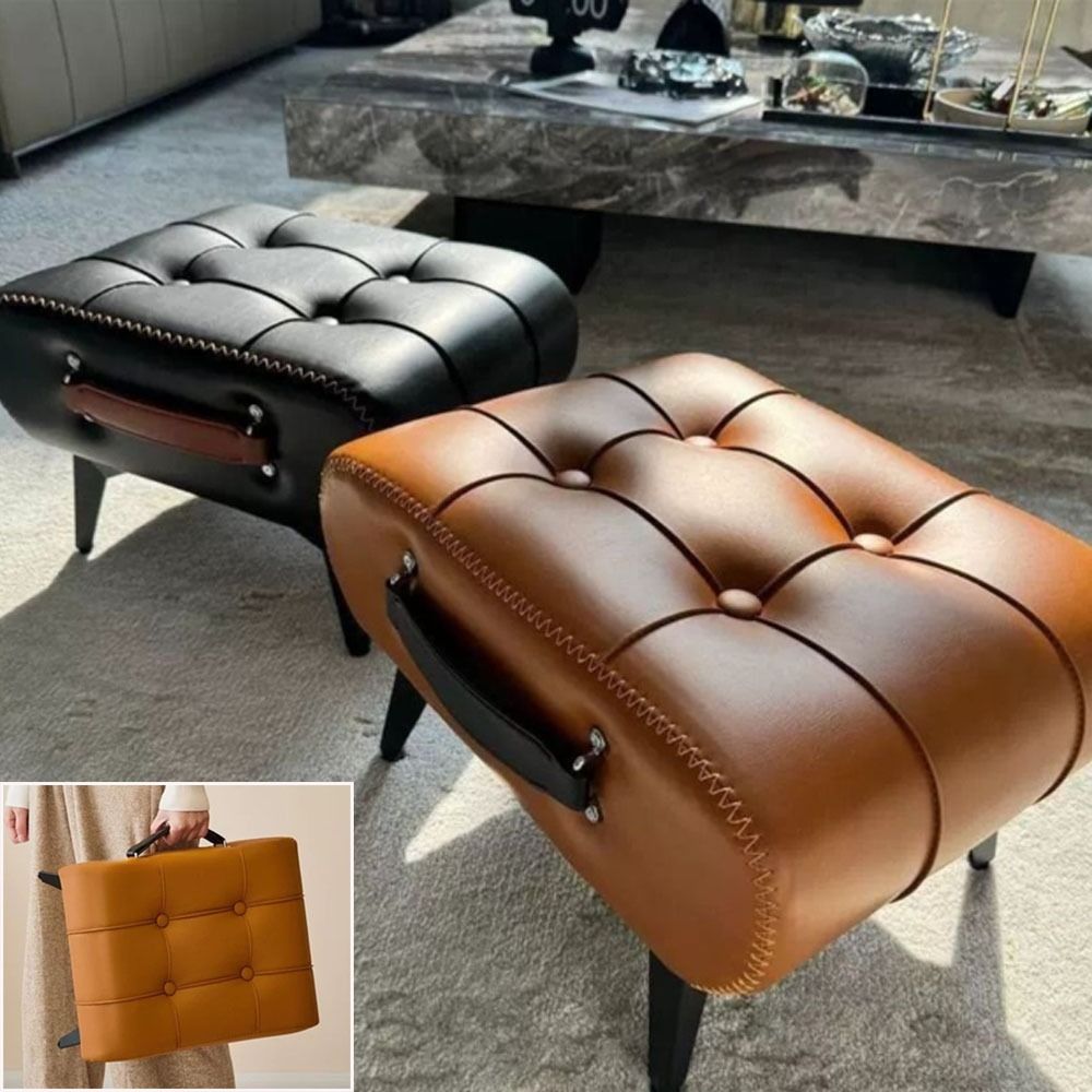 Footrest Under Desk - 新しい省スペースフットスツール高反発ポータブルスツールチェアPUレザーハンドル付き靴交換スツールホーム